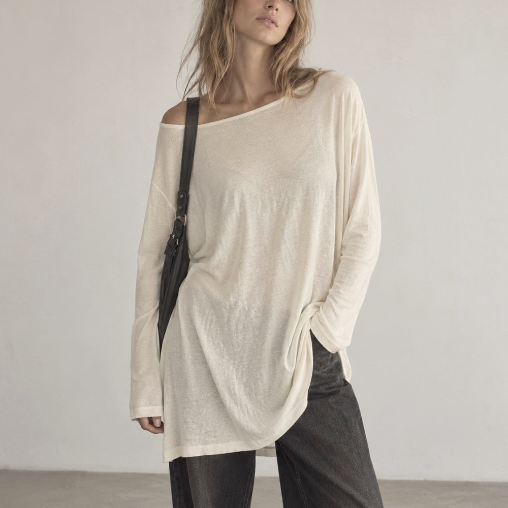 United Colors of Benetton Knit Tunic Top Silk Blend Small Cream Quiet Luxury 90s